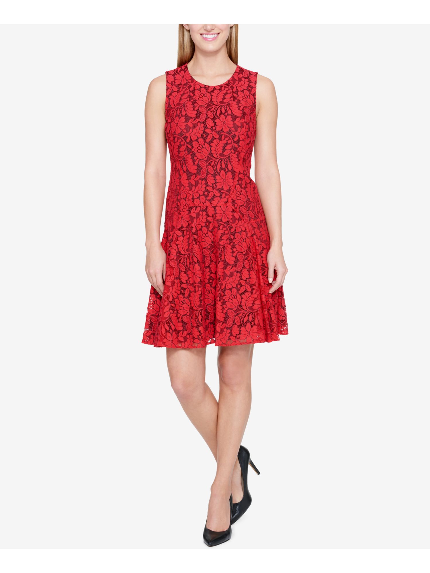 TOMMY HILFIGER $139 Womens Red Floral Lace Overlay Fit + Flare Dress 2 B+B